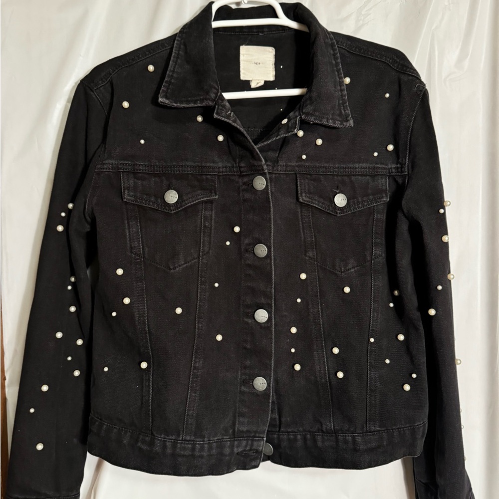 Black Pearl-Embellished Denim Jacket